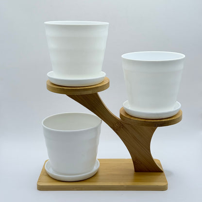 3-Tier Bamboo Plant Stand with White Pots