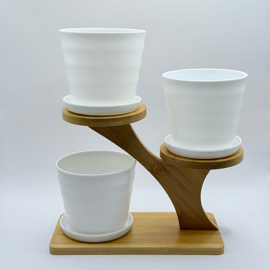 3-Tier Bamboo Plant Stand with White Pots