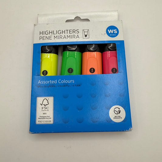 4-pack ws assorted highlighters - ultra bright ink chisel tip - highlighters stationery