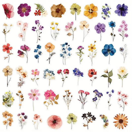 50pc transparent flower decals – botanical stickers set - decorative stickers crafts