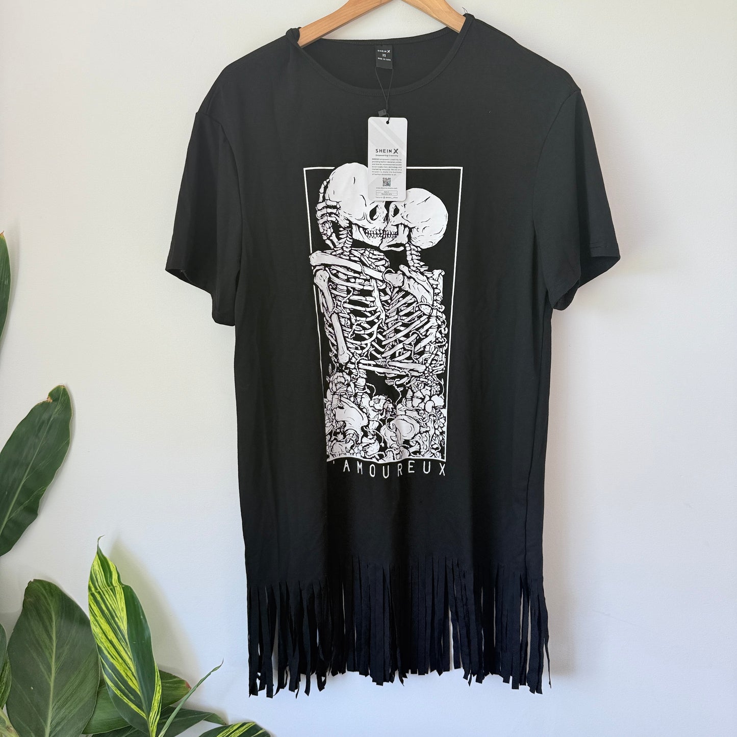 SHEIN X Black Fringed Skull Lovers T-Shirt Dress - Size XS