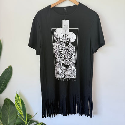 SHEIN X Black Fringed Skull Lovers T-Shirt Dress - Size XS