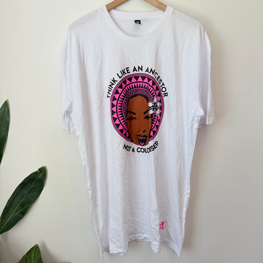 Decolanise pacific - think like an ancestor t-shirt – white 2xl - t-shirts tops men’s apparel