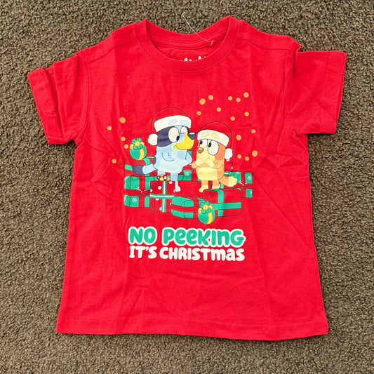 Bluey kids’ red ’no peeking it’s christmas’ t-shirt – size 3 - t-shirts baby clothing