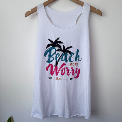 Beach More Worry Less White Racerback Graphic Tank Top - Size M
