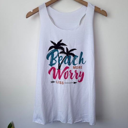 Beach More Worry Less White Racerback Graphic Tank Top - Size M
