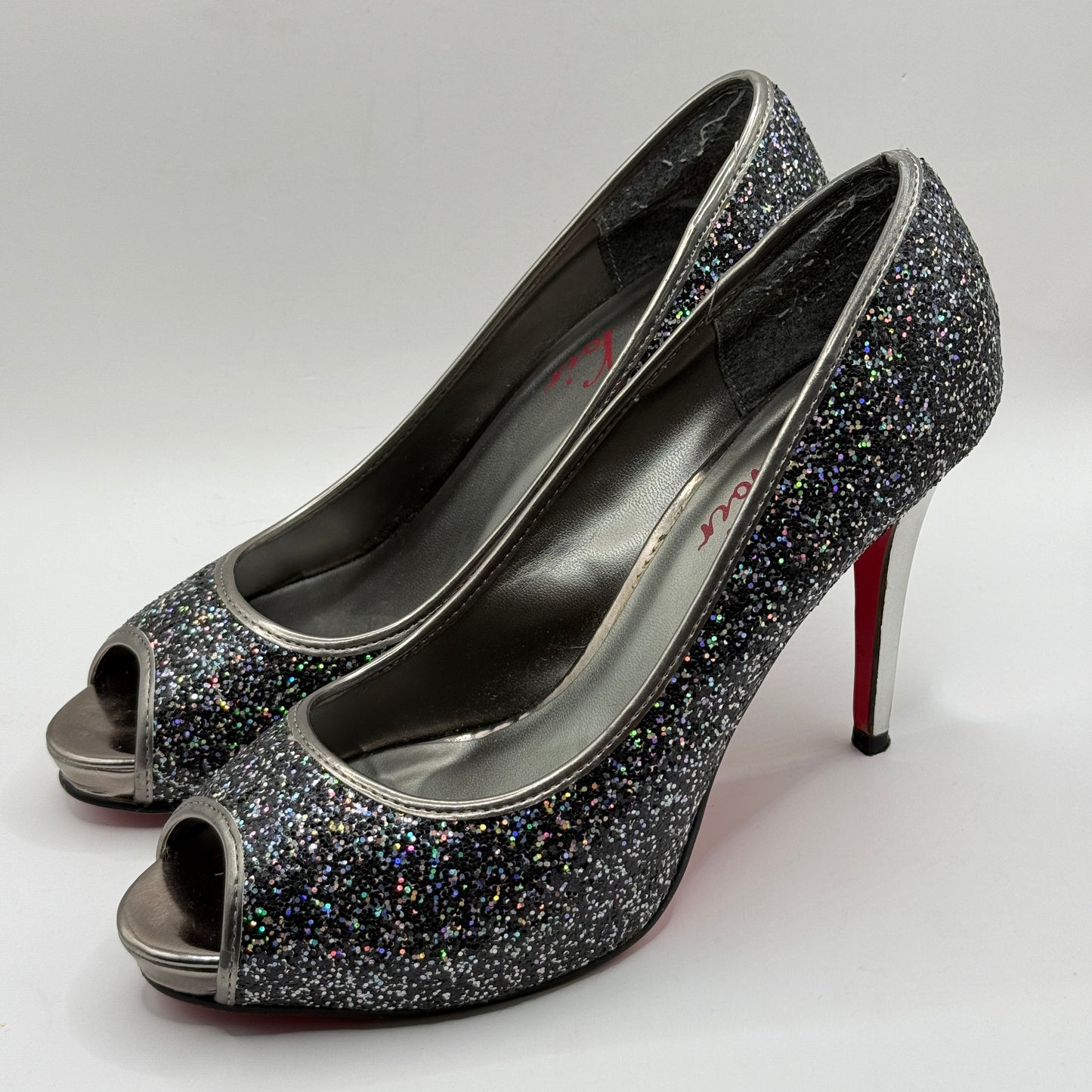 Pulp Noir Silver & Black Glitter Peep-Toe Heels - Size 8