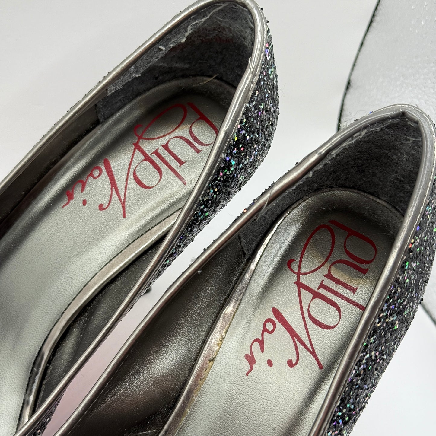 Pulp Noir Silver & Black Glitter Peep-Toe Heels - Size 8