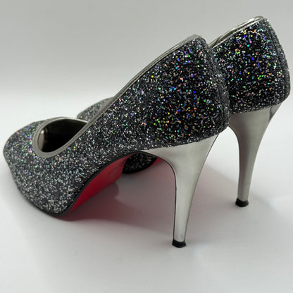 Pulp Noir Silver & Black Glitter Peep-Toe Heels - Size 8