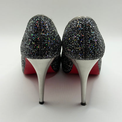 Pulp Noir Silver & Black Glitter Peep-Toe Heels - Size 8