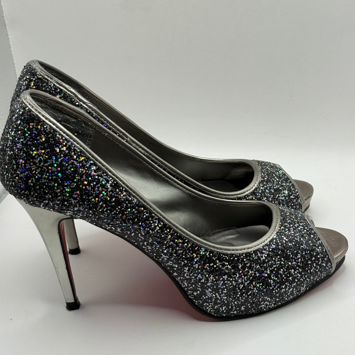 Pulp Noir Silver & Black Glitter Peep-Toe Heels - Size 8