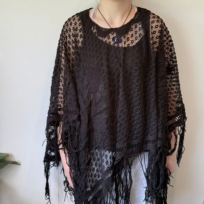Black Lace Fringe Boho Poncho