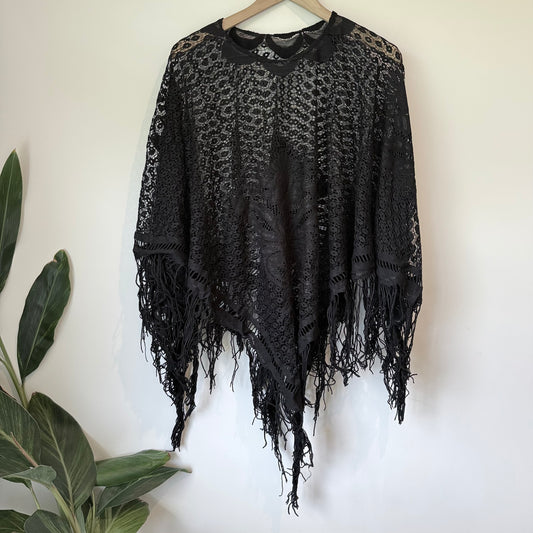 Black Lace Fringe Boho Poncho
