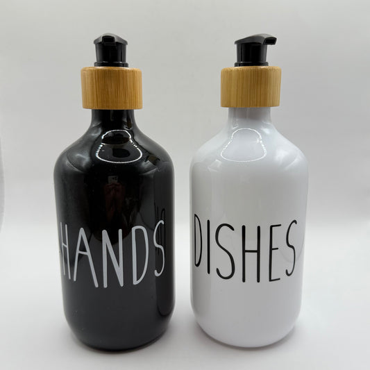 Black & White "Hands & Dishes" Pump Bottle Set with Bamboo Pumps