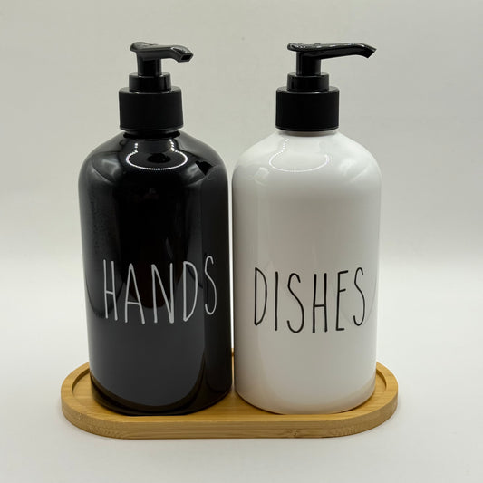 Black & White Hands & Dishes Pump Bottle Set with Tray