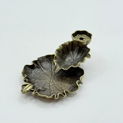 Bronze-Finish Lotus Leaf & Frog Incense Holder