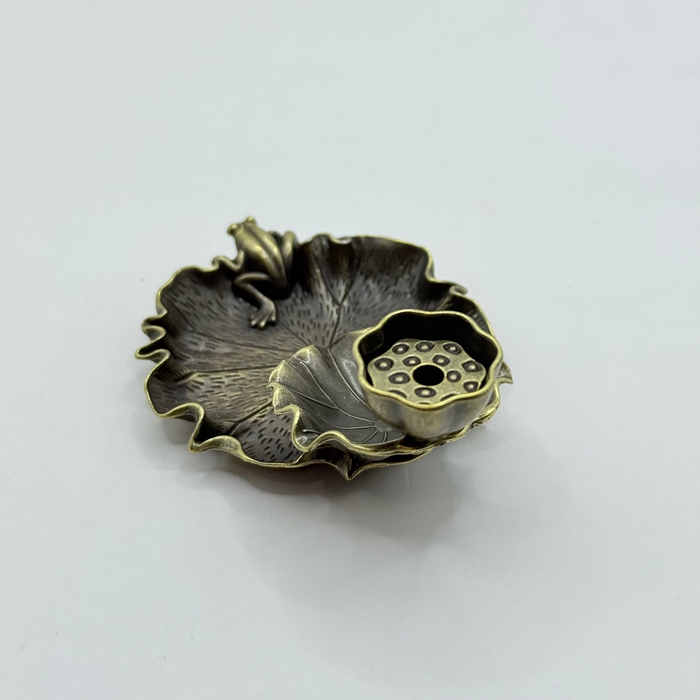 Bronze-Finish Lotus Leaf & Frog Incense Holder