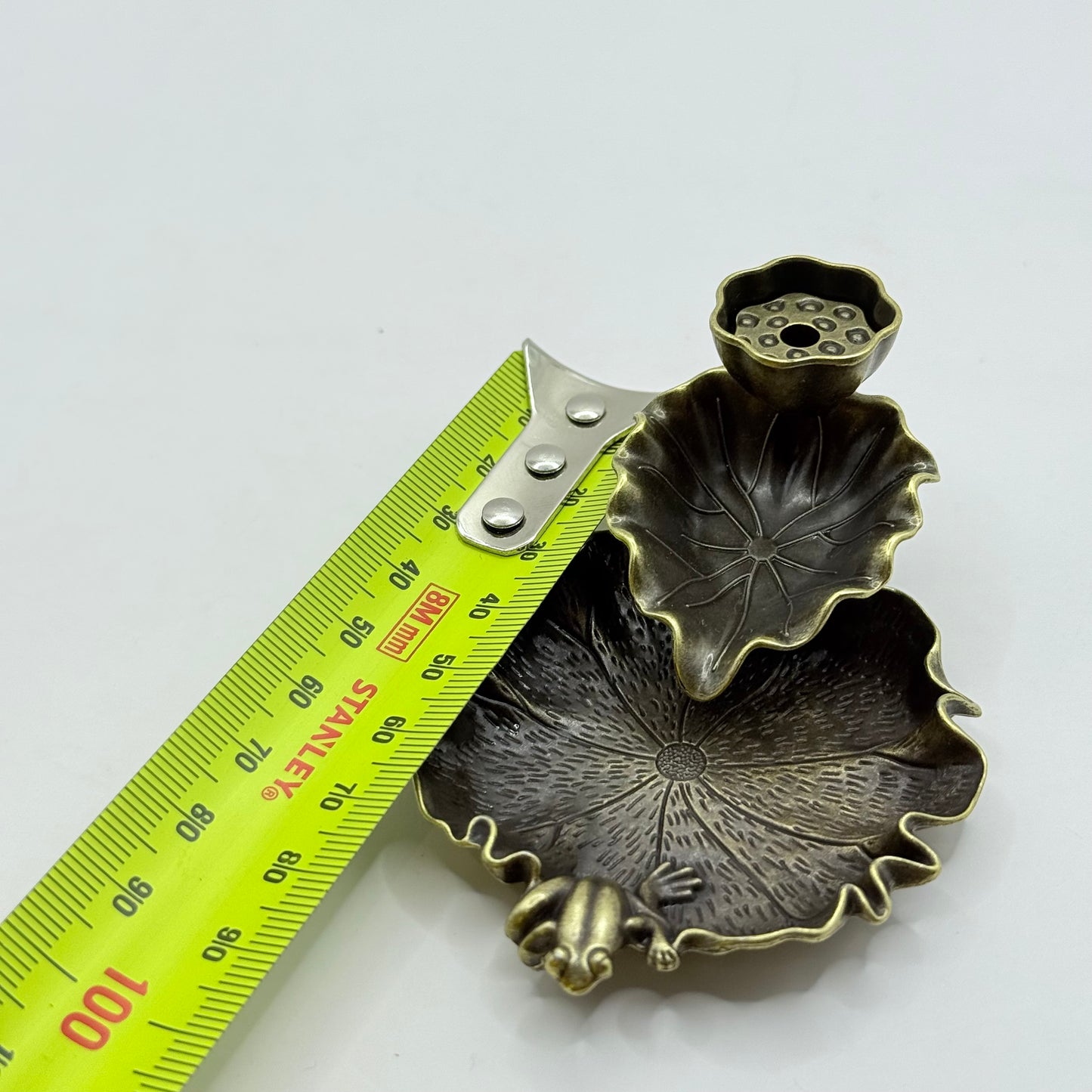 Bronze-Finish Lotus Leaf & Frog Incense Holder