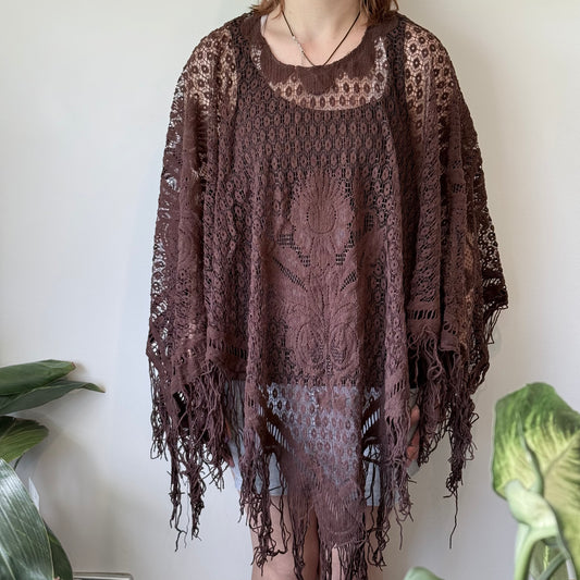 Brown Lace Fringe Boho Poncho