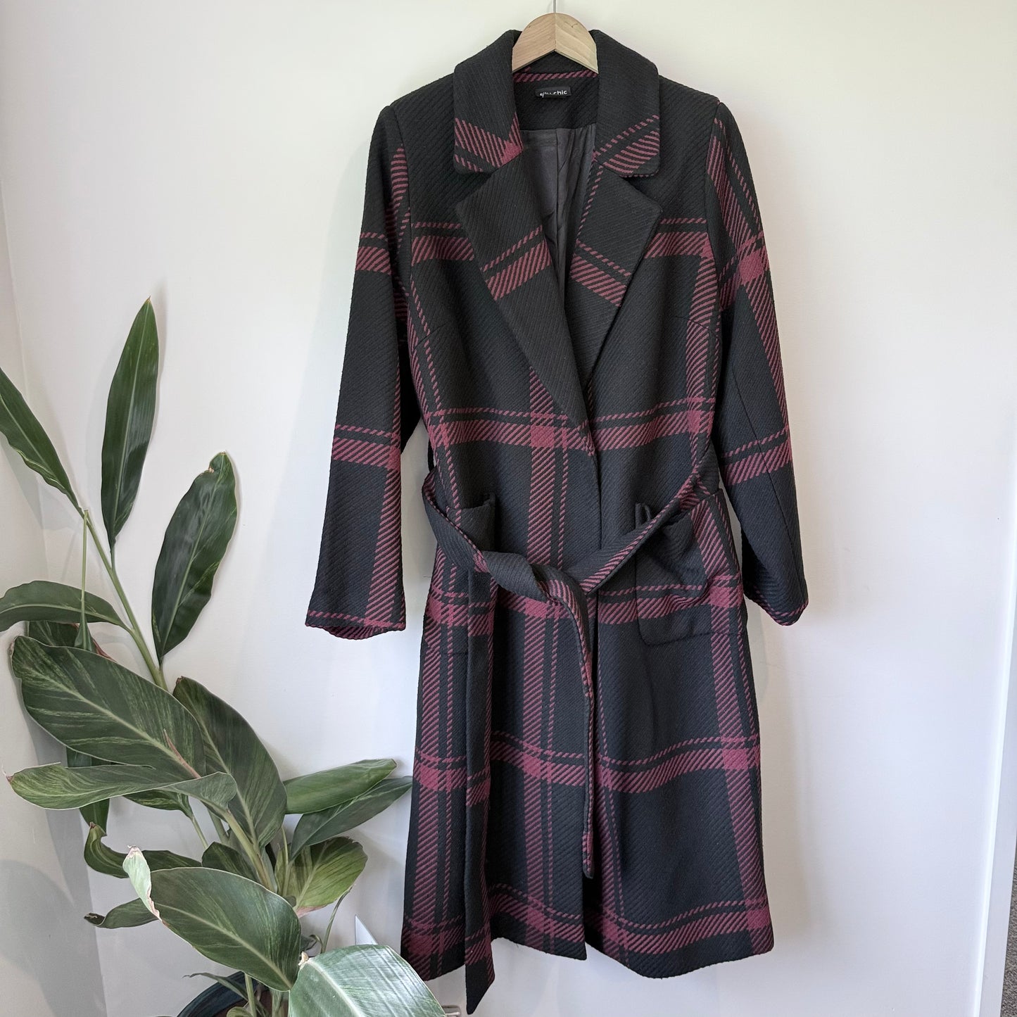 City Chic Checkmate Coat Ruby/Black Tie-Waist Size M