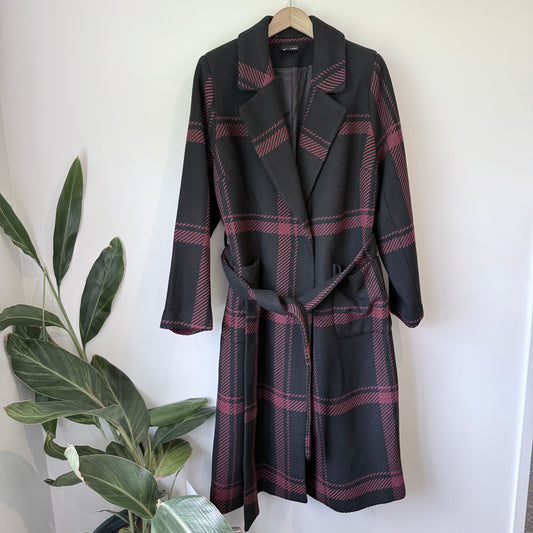 City Chic Checkmate Coat Ruby/Black Tie-Waist Size M
