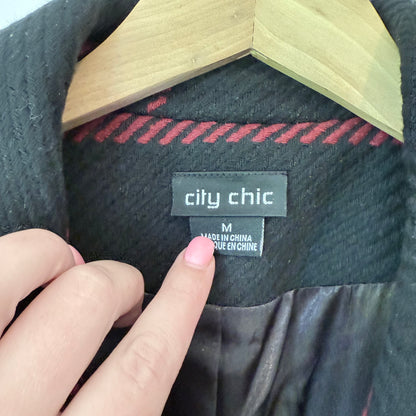 City Chic Checkmate Coat Ruby/Black Tie-Waist Size M