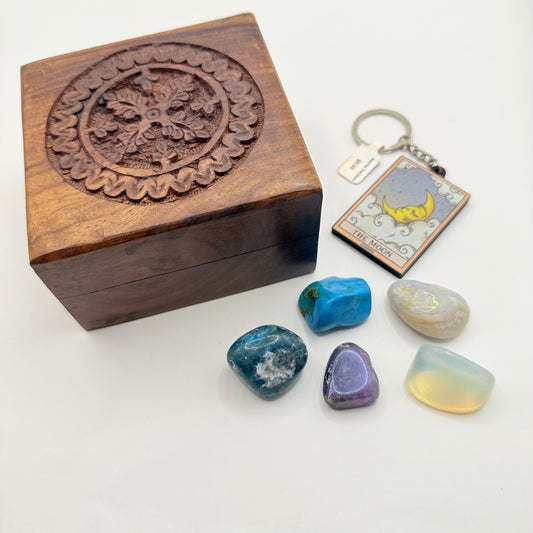 Cosmic Carved Wood Box with Crystals & Keychain