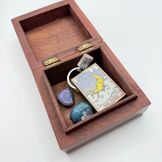 Cosmic Carved Wood Box with Crystals & Keychain