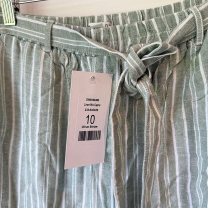 Damart Linen Mix Capris Olive Stripe Size 10