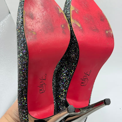 Pulp Noir Silver & Black Glitter Peep-Toe Heels - Size 8