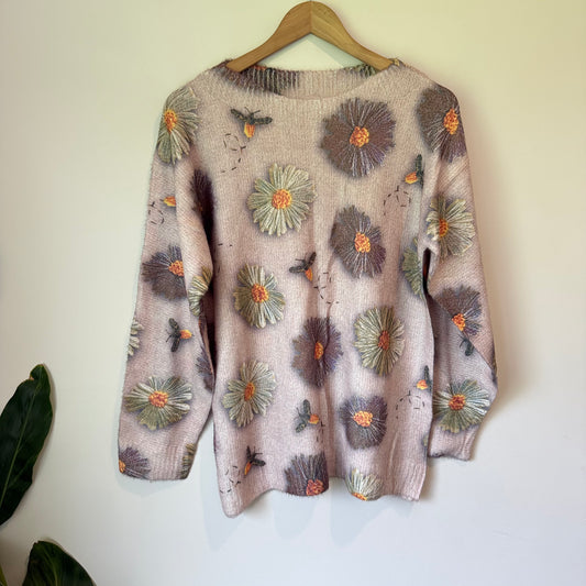 Floral Bee Sweater  3D Applique Knitwear Size M