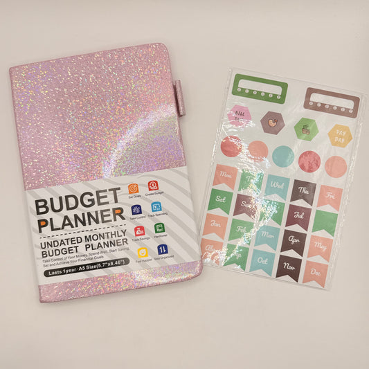 Glittery pink budget planner - planners original photo - what’s new stationery