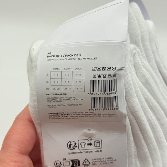 Gymshark Crew Socks White - Size Medium (UK 6-8) - Pack of 5