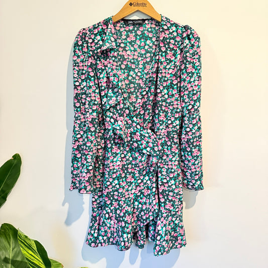 Zara Size S Floral Pink & Green Long-Sleeve Wrap Mini Dress
