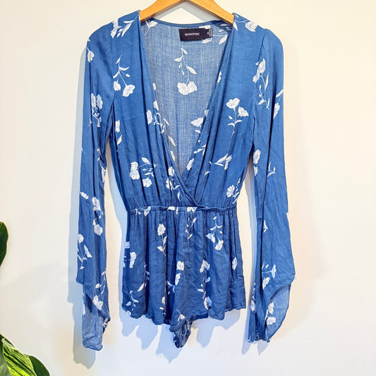 Minkpink Size XS Blue Floral Long-Sleeve Wrap Romper