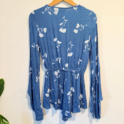 Minkpink Size XS Blue Floral Long-Sleeve Wrap Romper