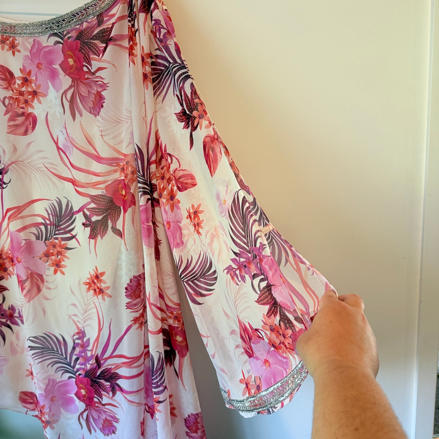 Floral Sheer Single Sleeve Asymmetrical Top - Size M