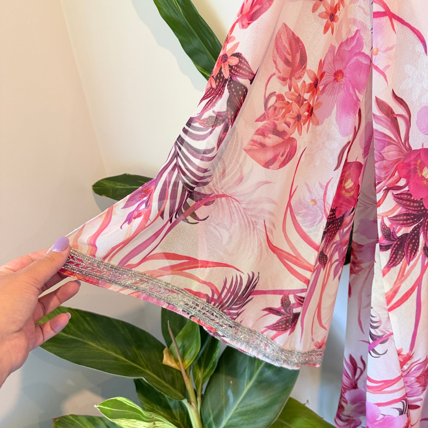 Floral Sheer Single Sleeve Asymmetrical Top - Size M