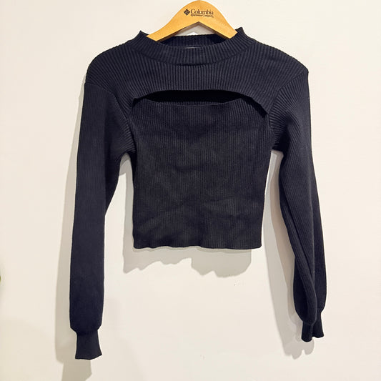 Mirrou Size S Black Ribbed Long-Sleeve Cut-Out Top
