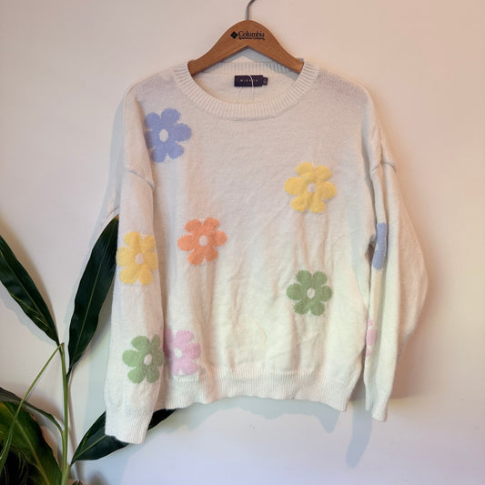 Mirrou Floral Knit Sweater Cream Pastel – Size L