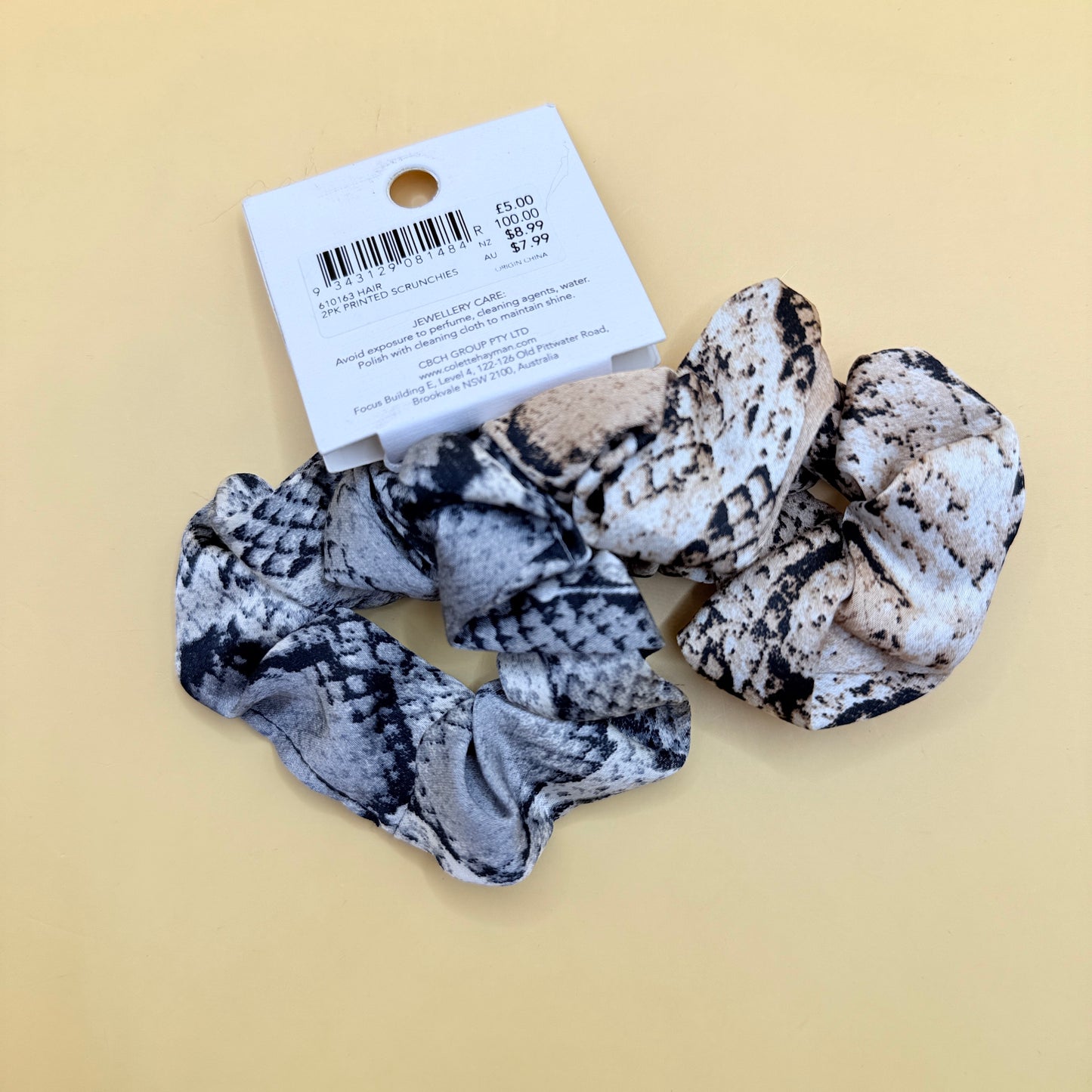 Colette Snake Print Scrunchies 2 Pack Neutral Tones One Size