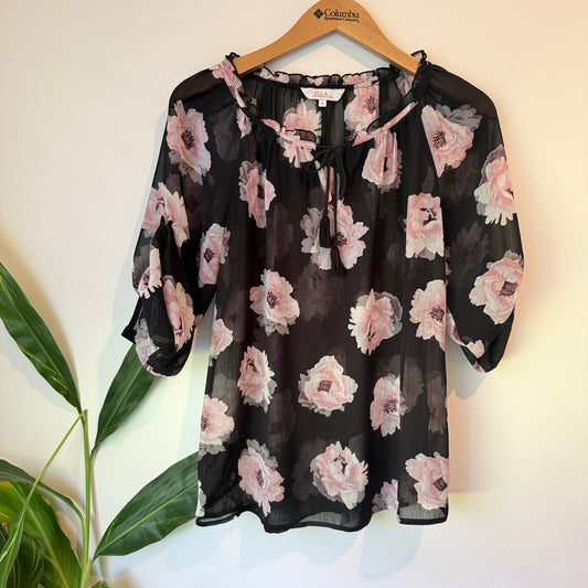 Ella J Floral Peasant Blouse Black - Size 8