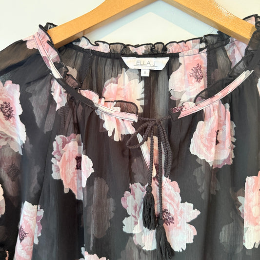 Ella J Floral Peasant Blouse Black - Size 8