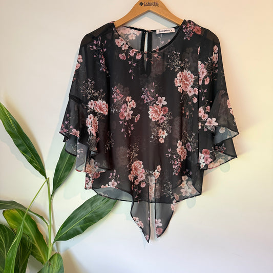 Just Jeans Floral Tie Front Sheer Top Black - Size 8