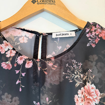 Just Jeans Floral Tie Front Sheer Top Black - Size 8