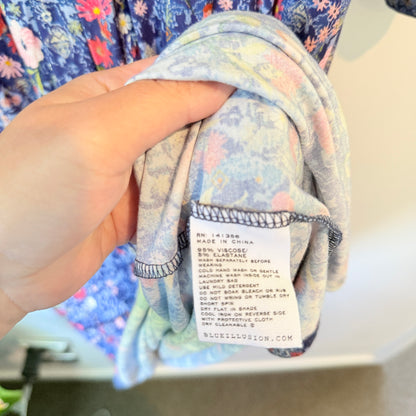 Blue Illusion Floral Print Dress - 53cm U/Arm