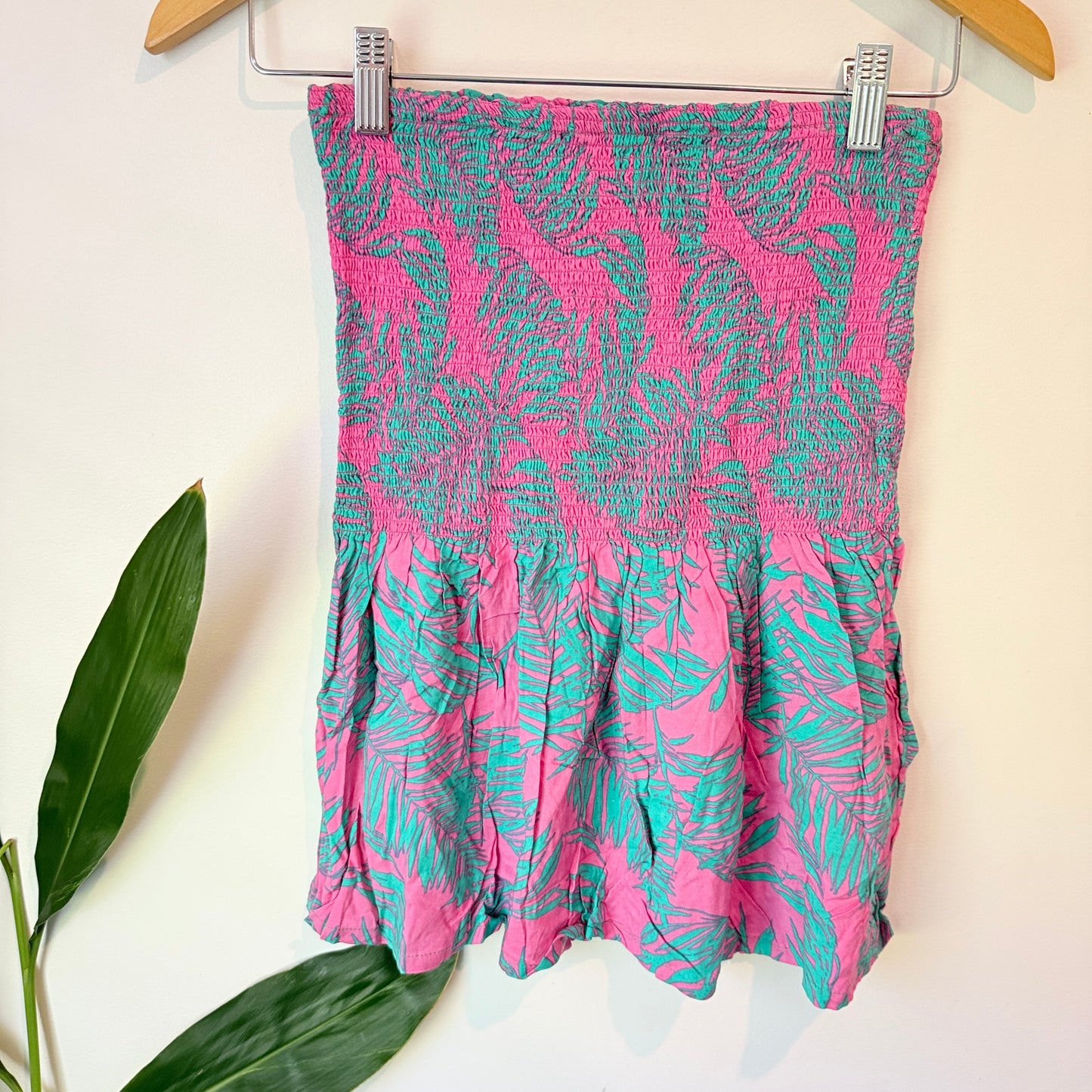 Tag 7 Womens Smocked Strapless Tube Top Pink Green Tropical - 31cm U/Arm