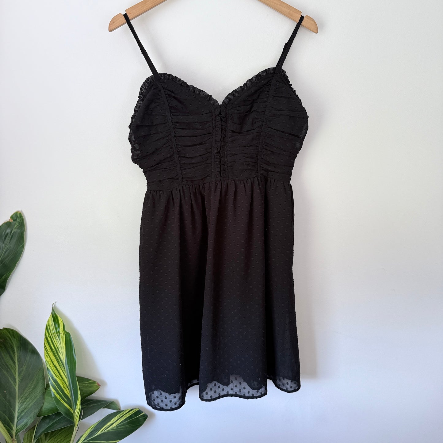 Dotti 12 Black Ruched Mini Dress Swiss Dots Ruffled Trim