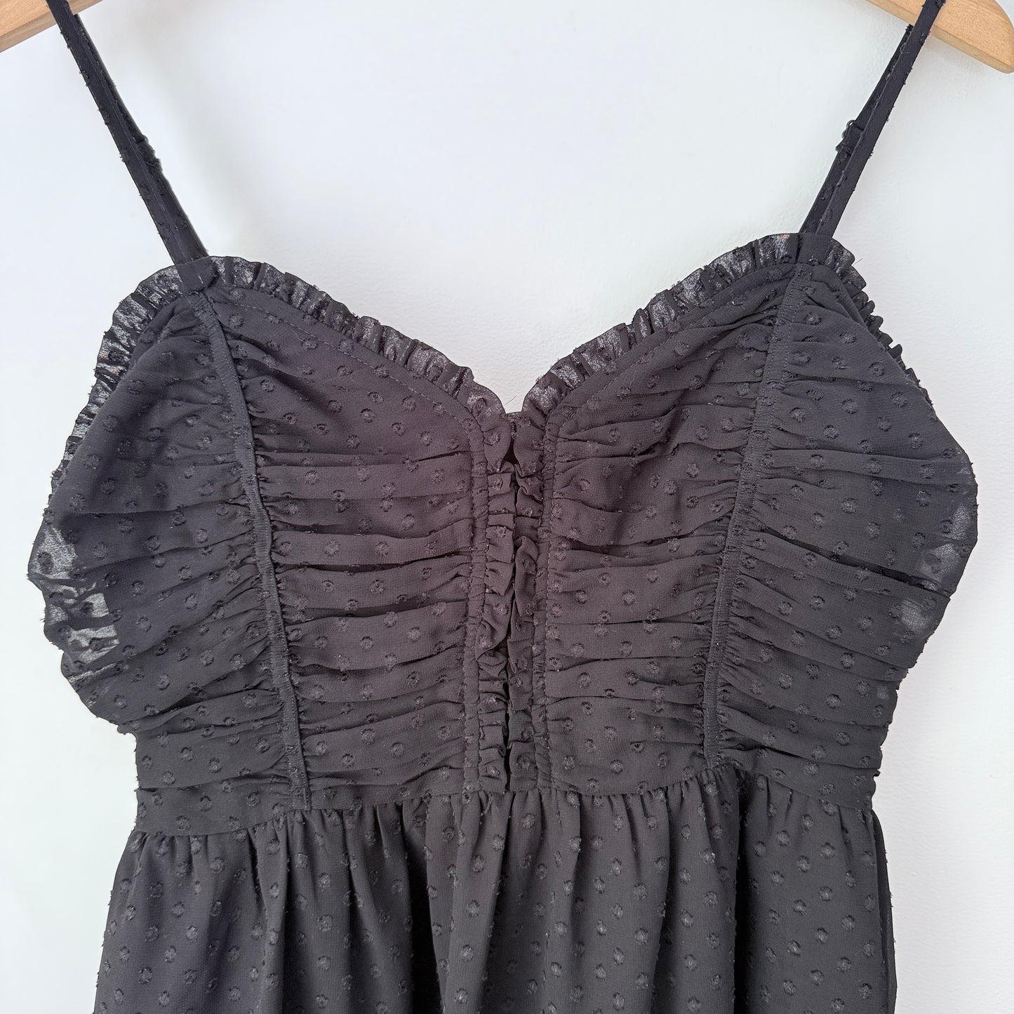 Dotti 12 Black Ruched Mini Dress Swiss Dots Ruffled Trim