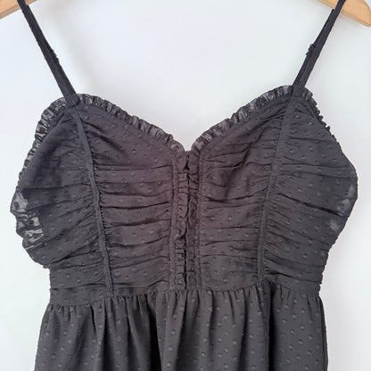 Dotti 12 Black Ruched Mini Dress Swiss Dots Ruffled Trim